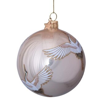 Vondels glazen kerstbal glanzend champagne met kraanvogels 