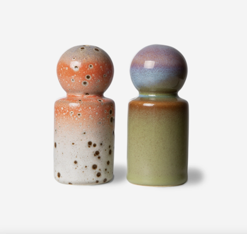 HKliving 70s ceramics: peper & salt jar, asteroids/peat