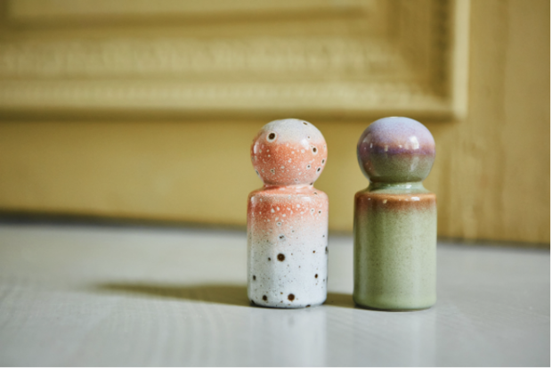 HKliving 70s ceramics: peper & salt jar, asteroids/peat