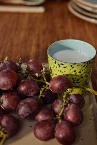 Speels en levendig, deze mok heeft een rijk geel glazuur met donkere spikkels verspreid over het oppervlak. De dynamische afwer