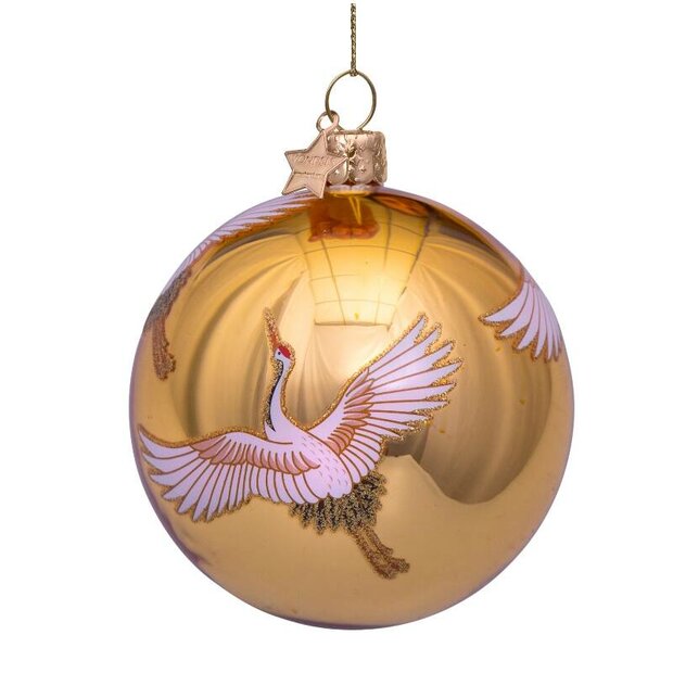 Vondels glazen kerstbal, glanzend goud met kraanvogels 