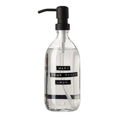 Wellmark handzeep frisse linnen helder glas zwarte pomp 500ml 'shit happens just wash'