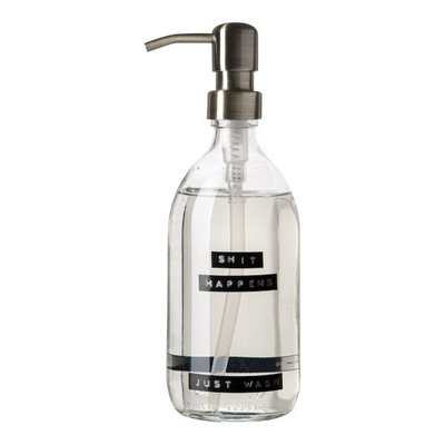 Wellmark handzeep frisse linnen helder glas messing pomp 500ml 'shit happens just wash'